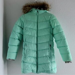 LANDS' END Girls Fleece Lined Puffy Coat Aqua Splash Fur Hood L 10-12 Parka